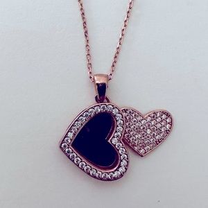925 Silver double heart initial cz necklace 14K rose gold plated